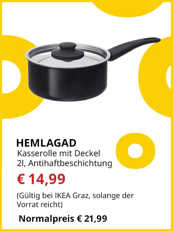 Kasserolle mit Deckel Hemlagad, 2,0 Liter, Antihaftbeschichtung, statt € 21,99 um € 14,99.