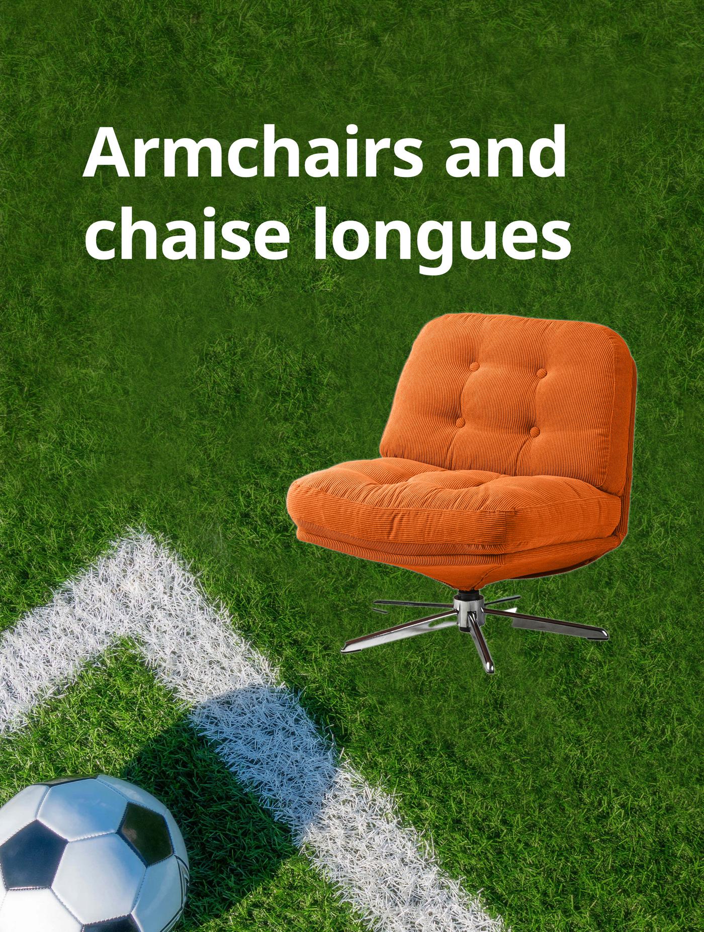 Kelinge orange DYVLINGE Swivel easy chair, on a football pitch background. White text reads: Armchairs and chaise longues