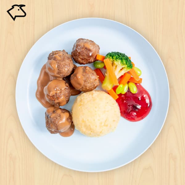 Kid's beef meatballs with mashed potato, mixed vegetables with soya beans, cream sauce and lingonberry jam