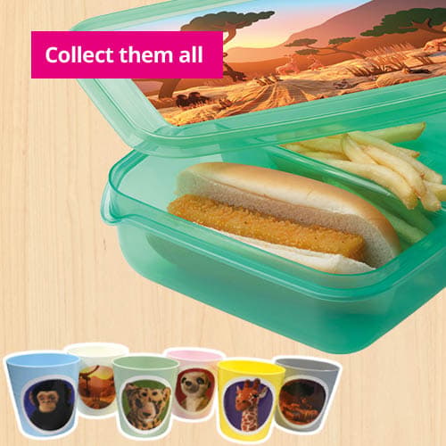 Kids menu with animal cup and lunchbox