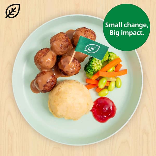 Kid's plant balls with mashed potato and a green flag with a leaf symbol on it. A green circle is shown on top right with the words 