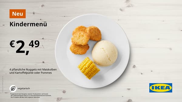 Kindermenü 4 pflanzliche Nuggets mit Maiskolben und Kartoffelpüree für 2,49€