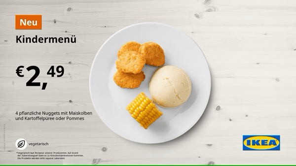 Kindermenü Nuggets (neu) – 4 pflanzliche Nuggets mit Maiskolben und Kartoffelpüree oder Pommes, für 2,49 €.