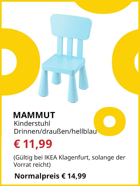 Kinderstuhl Mammut, hellblau, für drinnen und draußen, statt € 14,99 um € 11,99.
