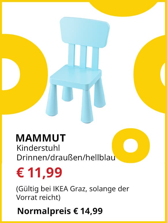 Kinderstuhl Mammut, hellblau, für drinnen und draußen, statt € 14,99 um € 11,99.