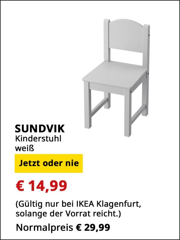Kinderstuhl Sundvik, weiß, statt € 29,99 um € 14,99.