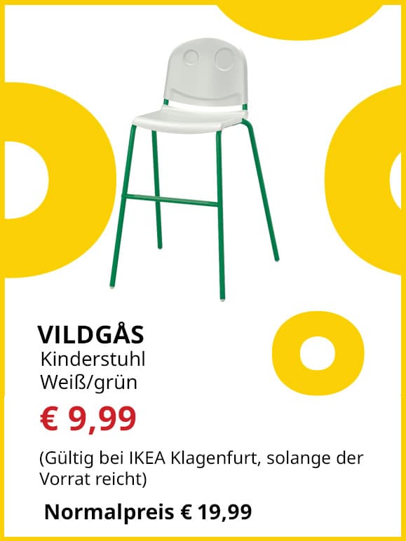 Kinderstuhl Vildgas, weiß/ grün, statt € 19,99 um € 9,99.
