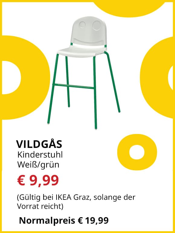 Kinderstuhl Vildgas, weiß/ grün, statt € 19,99 um € 9,99.