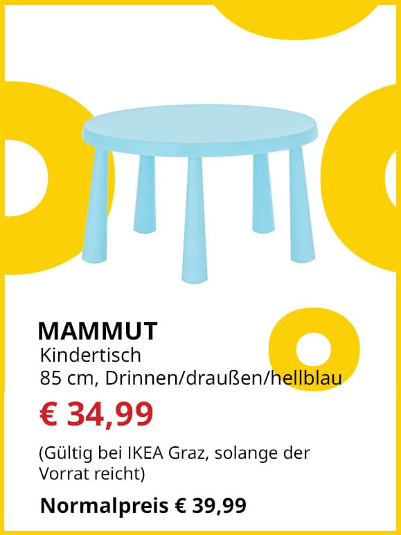 Kindertisch Mammut, Durchmesser 85cm, hellblau, für drinnen und draußen, statt € 39,99 um € 34,99.