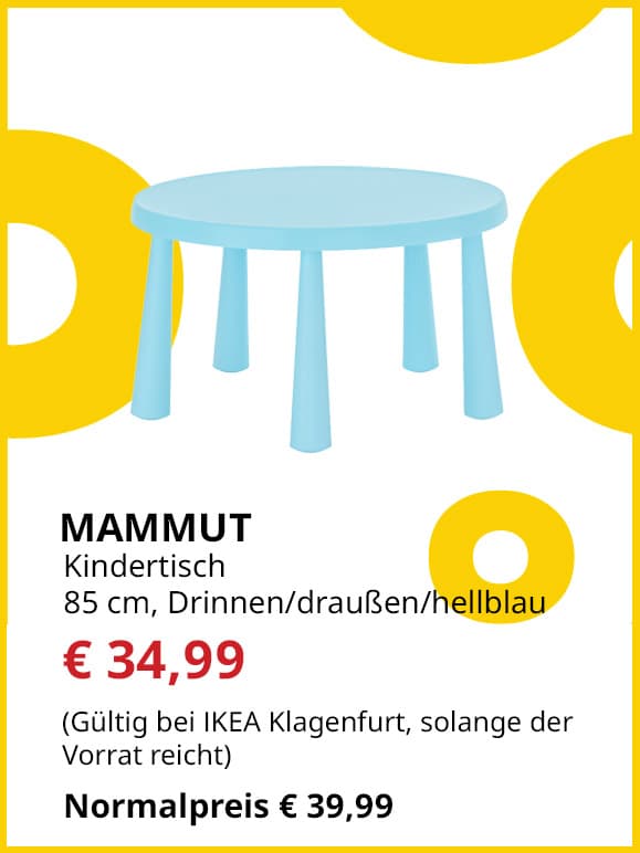 Kindertisch Mammut, Durchmesser 85cm, hellblau, für drinnen und draußen, statt € 39,99 um € 34,99.