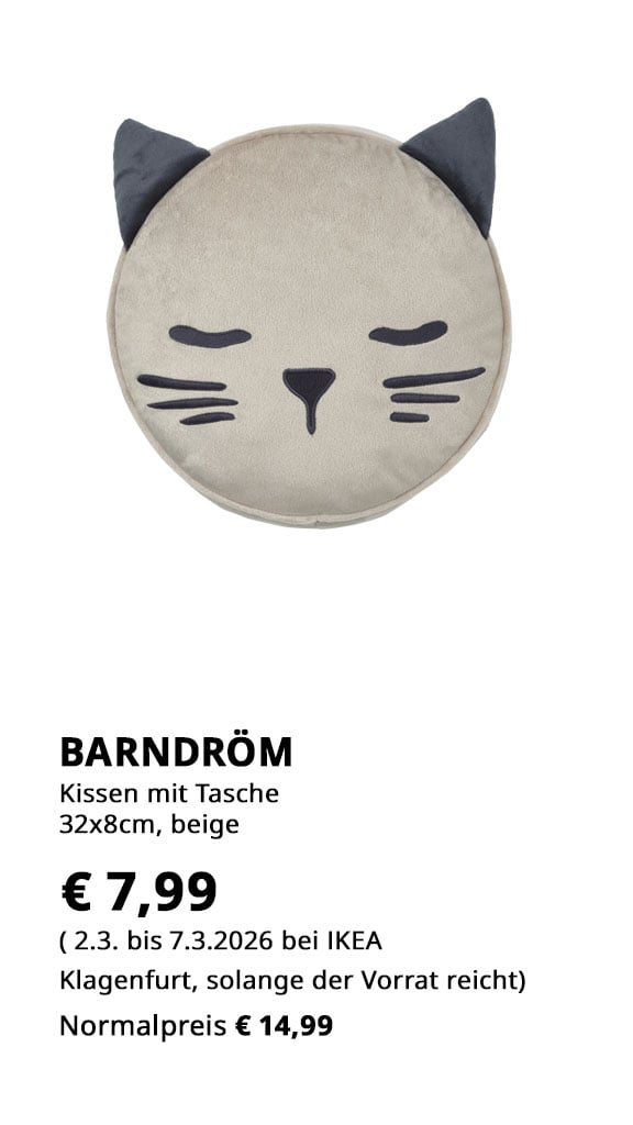 Kissen Barndröm mit Tasche, 32x8cm beige, statt € 14,99 um €7,99.