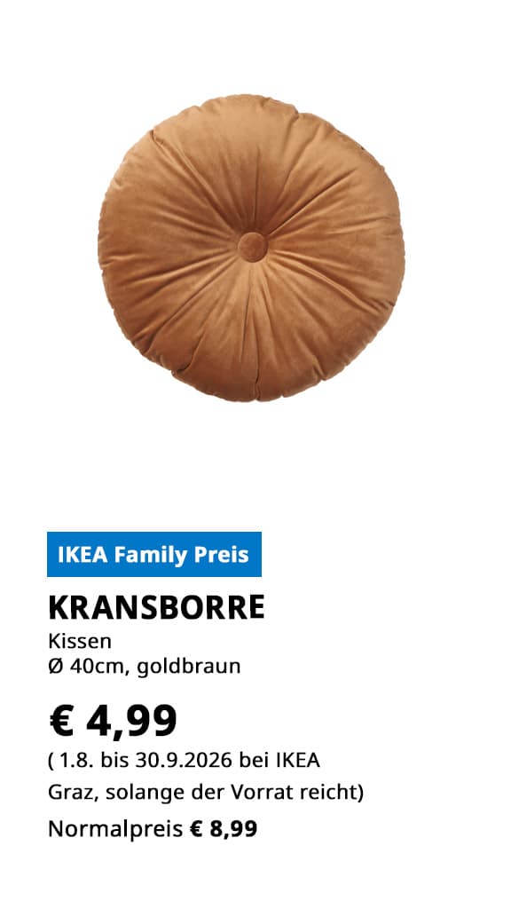 Kissen Kransborre, Durchmesser 40cm, goldbraun, statt € 8,99 zum IKEA Family Preis von € 4,99.