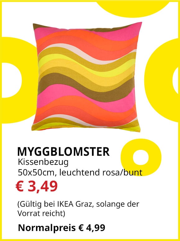 Kissenbezug Myggblomster, 50x50cm, leuchtend rosa/bunt, statt € 4,99 um € 3,49. 