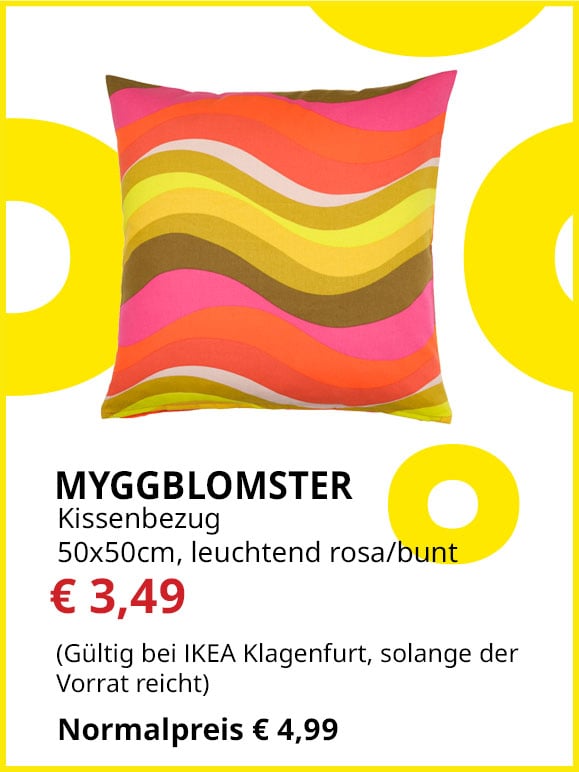 Kissenbezug Myggblomster, 50x50cm, leuchtend rosa/bunt, statt € 4,99 um € 3,49. 