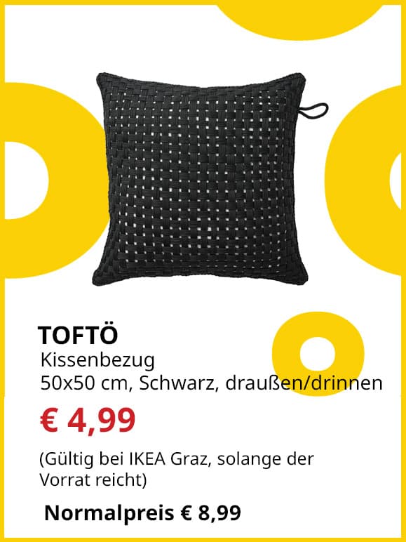 Kissenbezug Toftö, für innen und außen, 50x50cm, schwarz, statt € 8,99 um € 4,99.