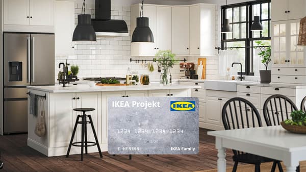 Kitchen in the background with IKEA Projekt card in the foreground