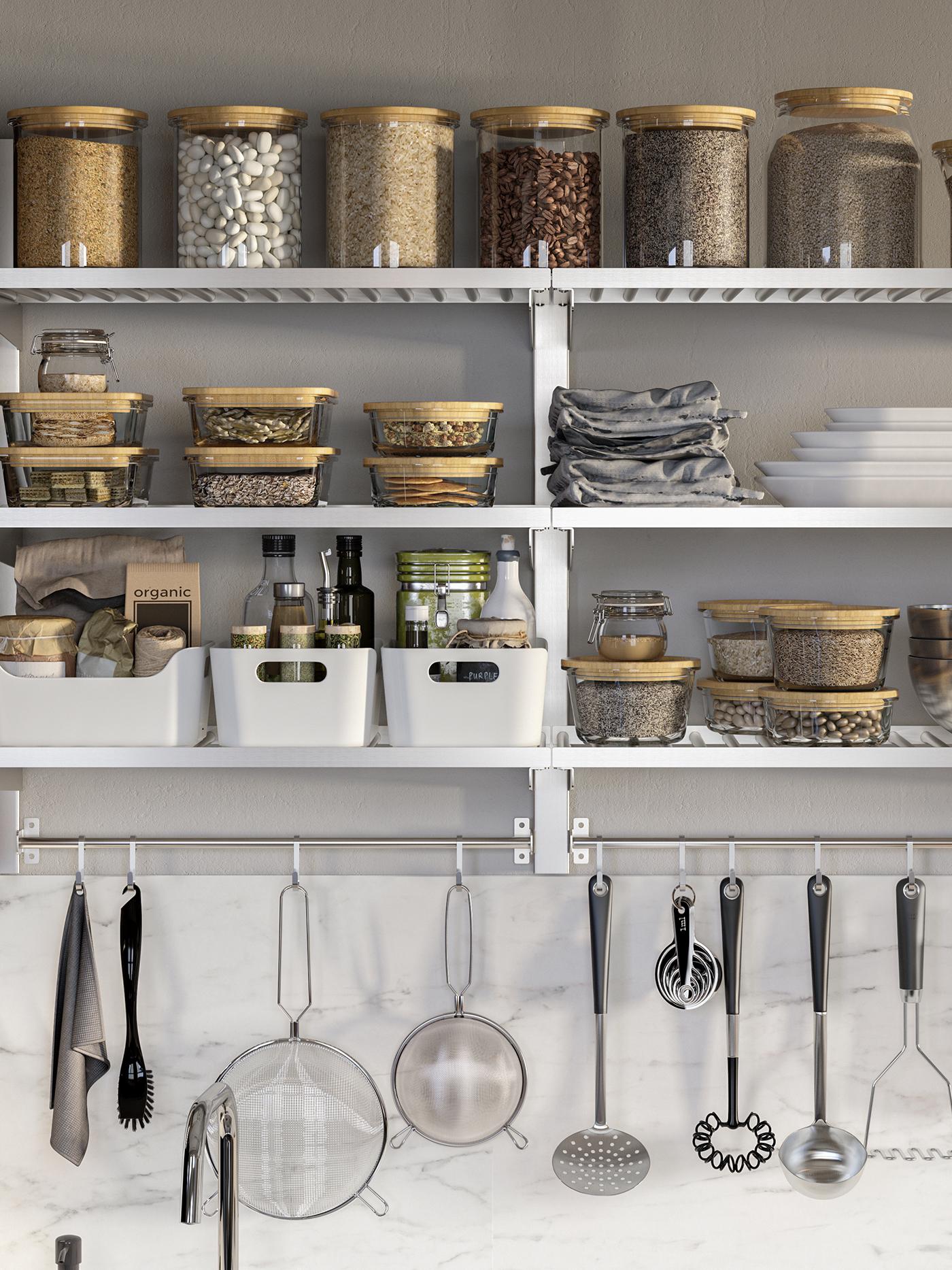 Kitchen shelves filled with kitchen products