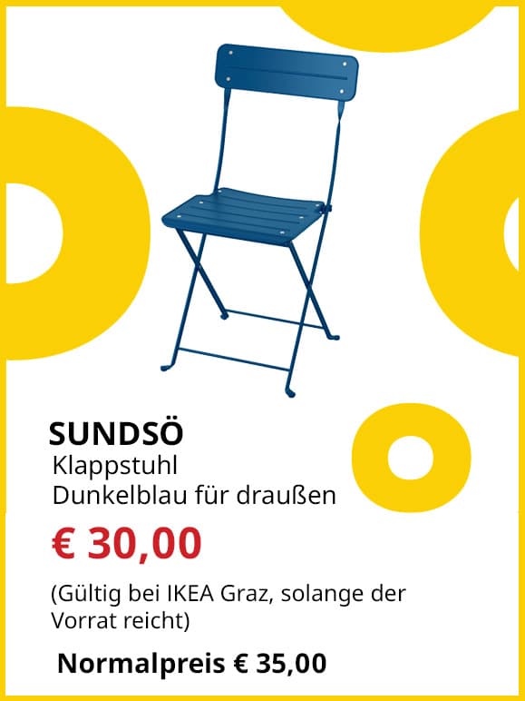 Klappstuhl Sundsö, dunkelblau, für außen, statt € 35 um € 30.