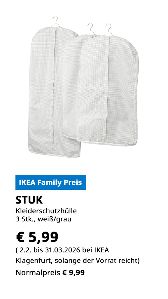 Kleiderschutzhülle Stuk, weiß, 3 Stück, statt € 9,99 zum IKEA Family Preis von 5,99.