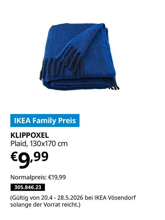 KLIPPOXEL Plaid, blau, 130x170 cm statt € 19,99 zum IKEA Family Preis von € 9,99