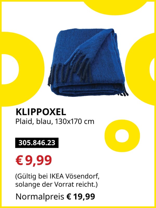 KLIPPOXEL Plaid, blau, 130x170cm statt € 19,99 zum IKEA Frühlingsangebots-Preis von € 9,99