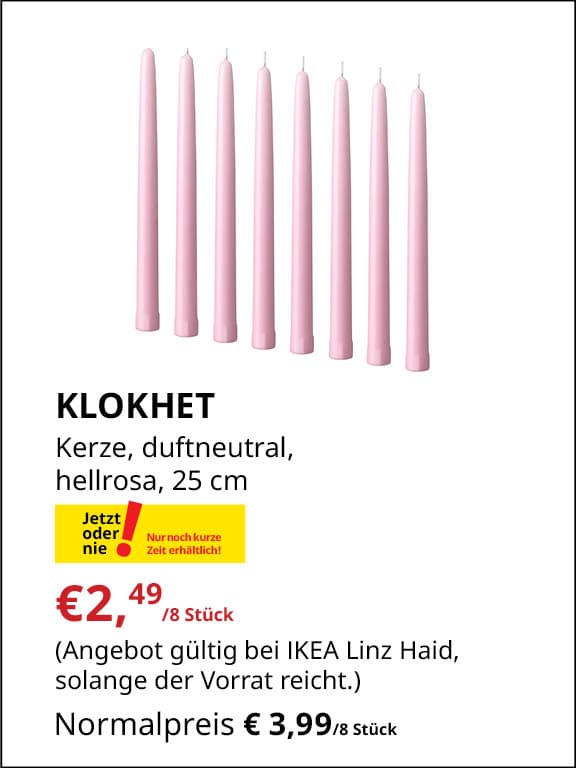 KLOKHET Kerze, duftneutral, hellrosa, 25 cm €2,49 4 Stück statt €3,99 4 Stück