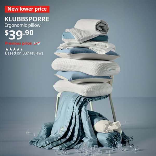 KLUBBSPORRE and other cooling bed textiles stacked on top of a chair with ice cubes on the floor. Lower price tag. KLUBBSPORRE, ergonomic pillow. $39.90. Previous price $49 with red slash. 4.7 stars based on 337 reviews.