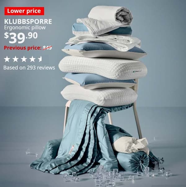 KLUBBSPORRE and other cooling bed textiles stacked on top of a chair with ice cubes on the floor. Lower price tag. KLUBBSPORRE, ergonomic pillow. $39.90. Previous price $49 with red slash. 4.7 stars based on 293 reviews.