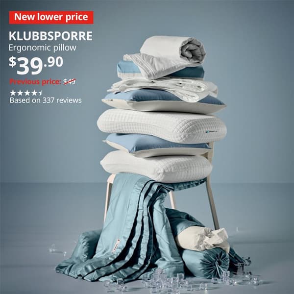KLUBBSPORRE and other cooling bed textiles stacked on top of a chair with ice cubes on the floor. Lower price tag. KLUBBSPORRE, ergonomic pillow. $39.90. Previous price $49 with red slash. 4.7 stars based on 293 reviews.