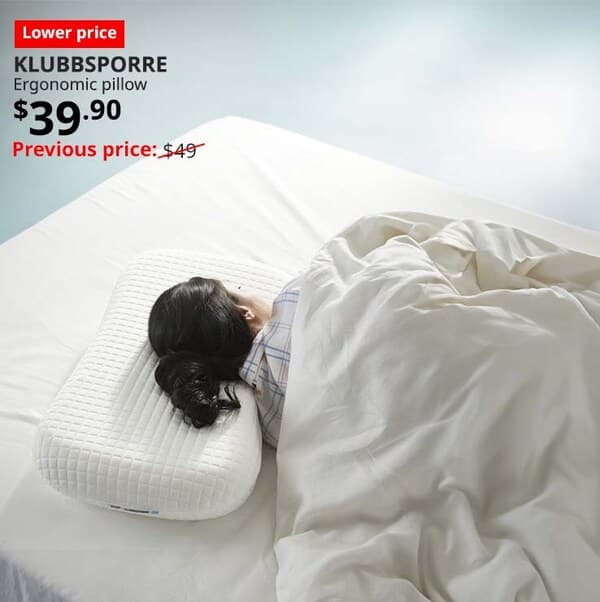 KLUBBSPORRE ergonomic pillow with Lower price tag. Price: $39.90. Usual price with red slash: $49.