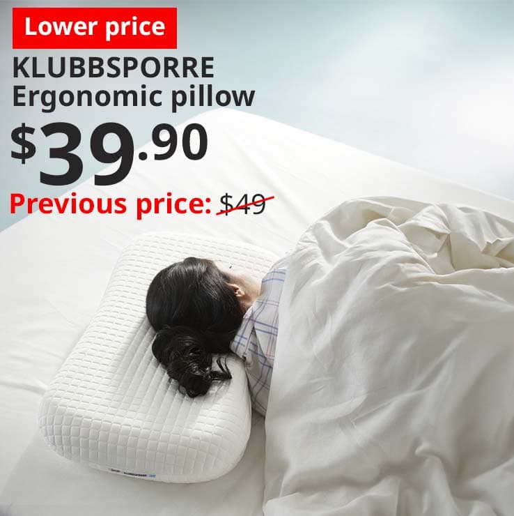KLUBBSPORRE ergonomic pillow with Lower price tag. Price: $39.90. Usual price with red slash: $49.