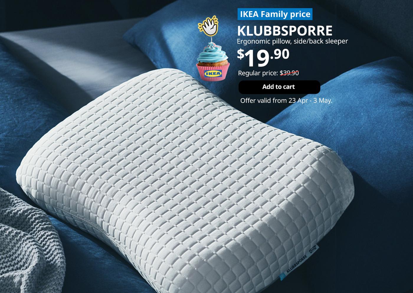 KLUBBSPORRE pillow. IKEA Family price: $19.90. Regular price: $39.90.
