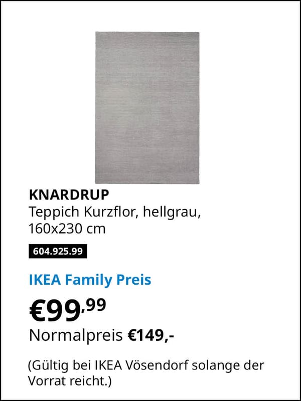KNARDRUP Teppich Kurzflor, hellgrau, 160x230 cm Artikelnummer 604.925.99 statt € 149,- zum IKEA Family Preis von € 99,99 