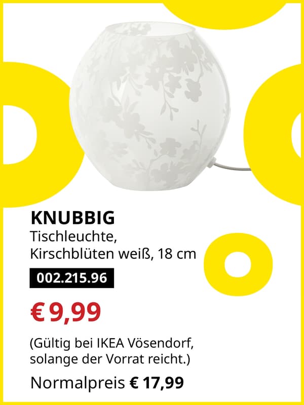 KNUBBIG Tischleuchte,
Kirschblüten weiß, 18 cm statt € 17,99 zum IKEA Frühlingsangebots-Preis von € 9,99