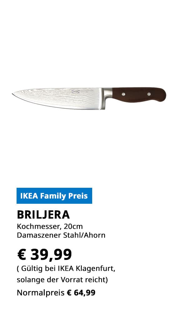  Kochmesser BRILJERA, 20 Cm, Damaszener Stahl, Ahorngriff, statt € 64,99 zum IKEA Family PReis von €39,99.