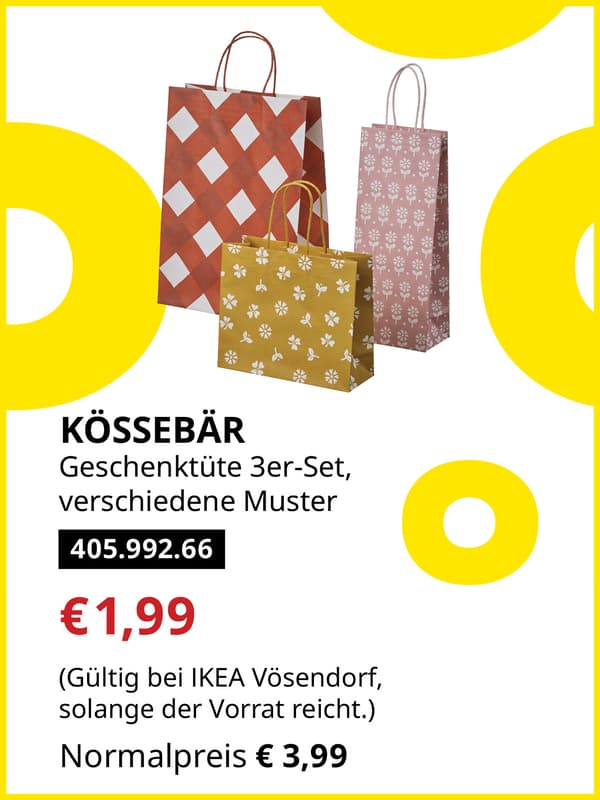 KÖSSEBÄR Geschenktüte 3er-Set, verschiedene Muster statt € 3,99 zum IKEA Frühlingsangebots-Preis von € 1,99