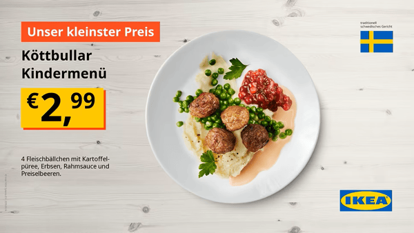 Köttbullar Kindermenü – 4 Fleischbällchen mit Kartoffelpüree, Erbsen, Rahmsauce und Preiselbeeren, für 2,99 €.