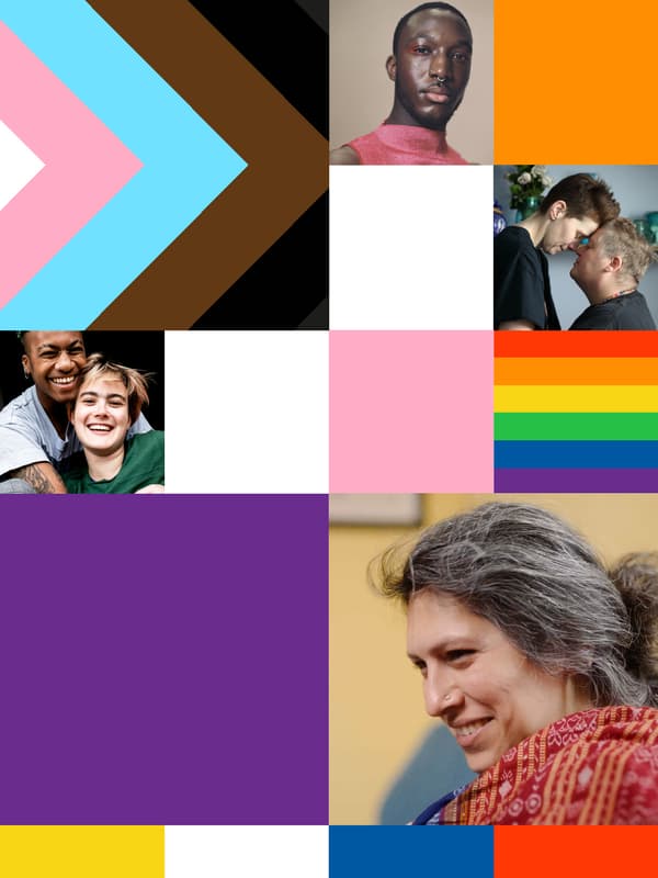 Koláž obrázků a grafiky představující začlenění LGBT +, představující fotografie komunity LGBT+ a vlajku pokroku.