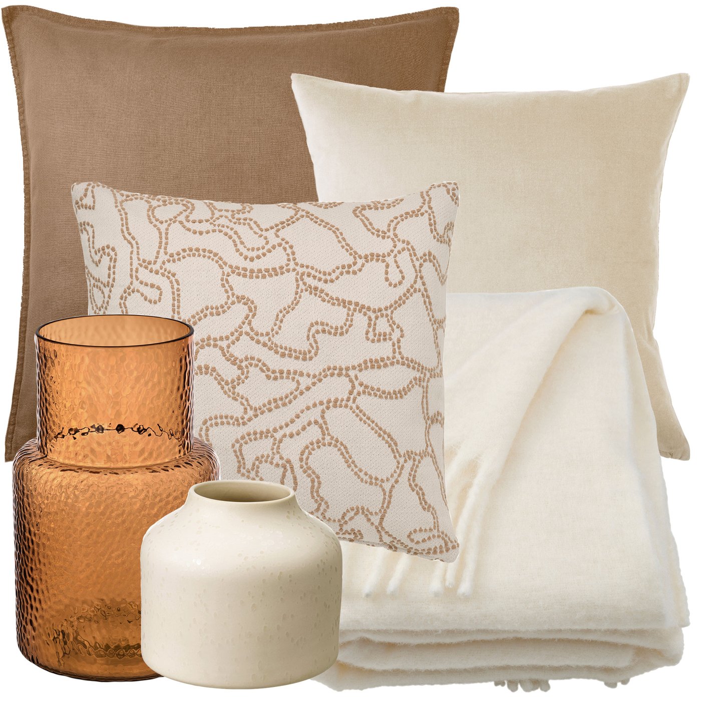 Kollagbild med tre kuddar i mörk- och ljusbeige färgskala, en offwhite filt, en gulbrun glasvas och ett beige doftljus.