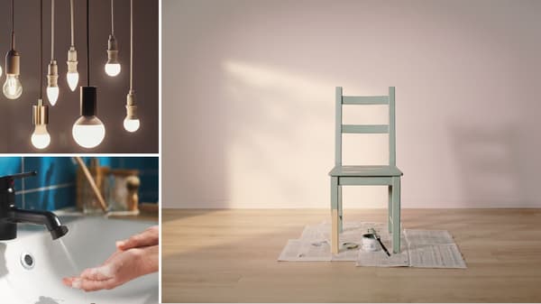 Kollage aus Bildern zur Themenwelt Nachhaltigkeit, Energiesparen und Renovierung. Zu sehen sind verschiedene Leuchtmittel, ein Wasserhahn zum Wassersparen und ein Stuhl, der gerade gestrichen wird.

