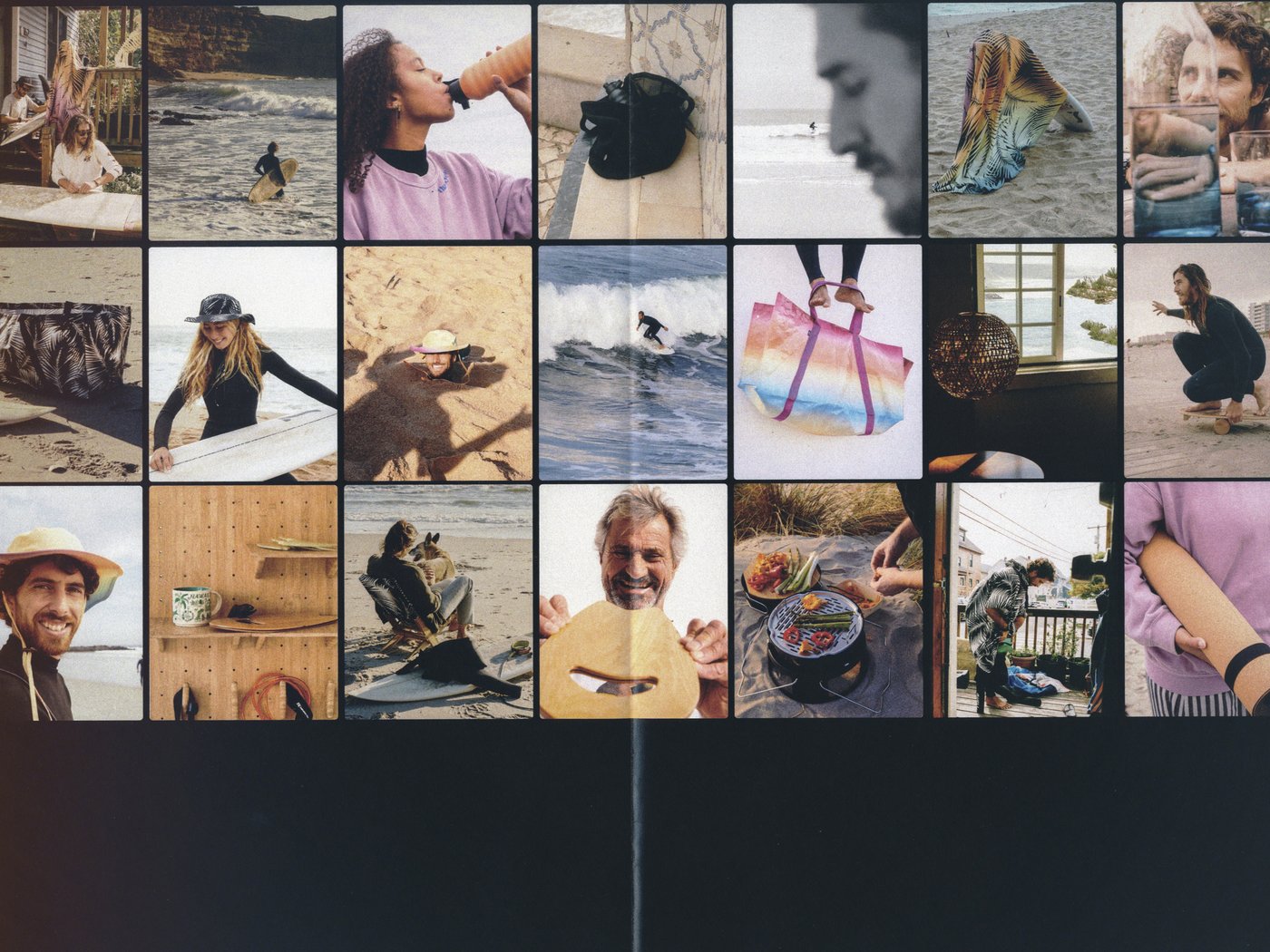 Kollage med 21 bilder. Människor, surfbrädor och produkter på stranden