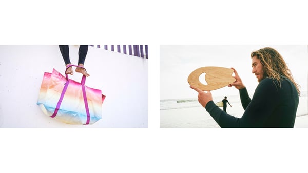 Kollage med två bilder: rosa, gul och blå väska till vänster, man med långt hår och våtdräkt som håller en träbräda framför havet .