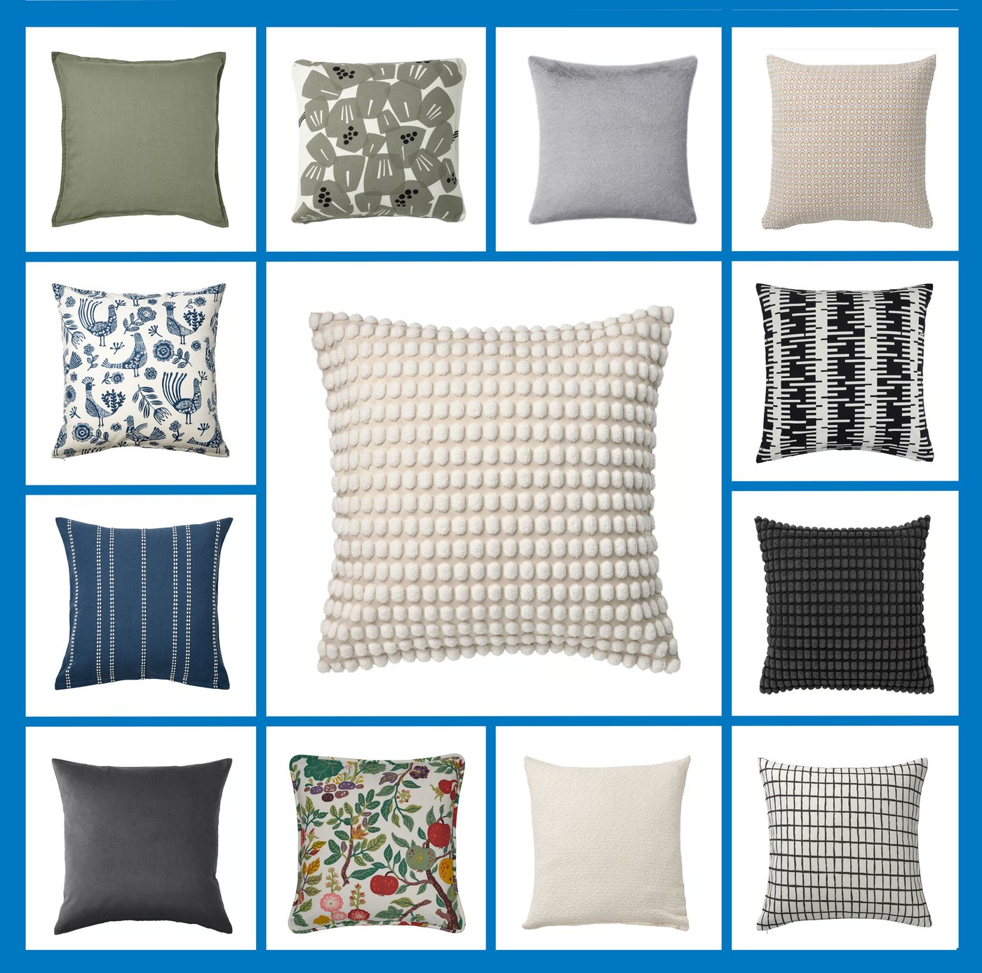 Kollagebild med olika kuddfodral mot vit bakgrund och blått rutmönster. 