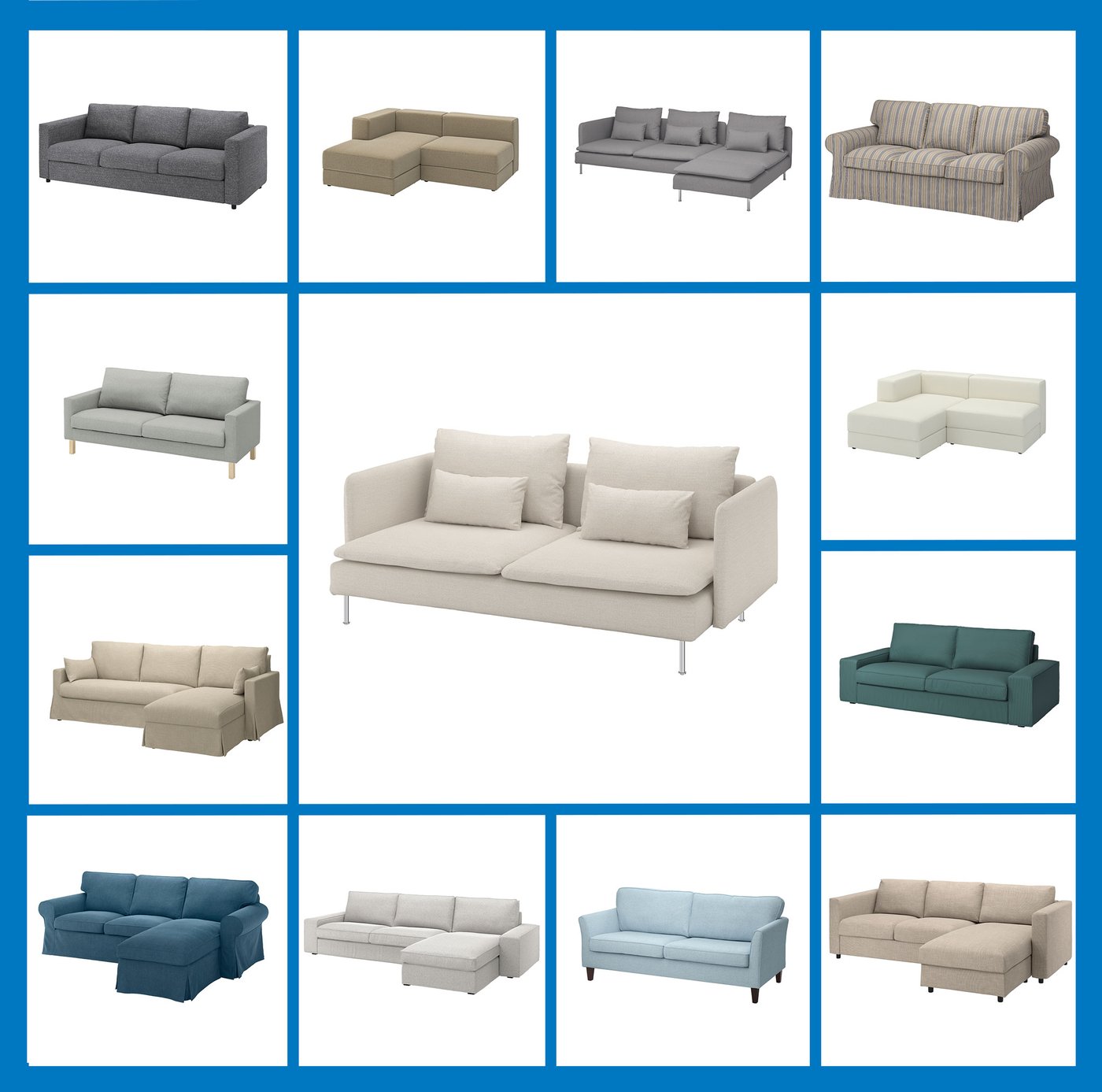 Kollagebild med olika soffor på vit bakgrund med blått rutmönster.