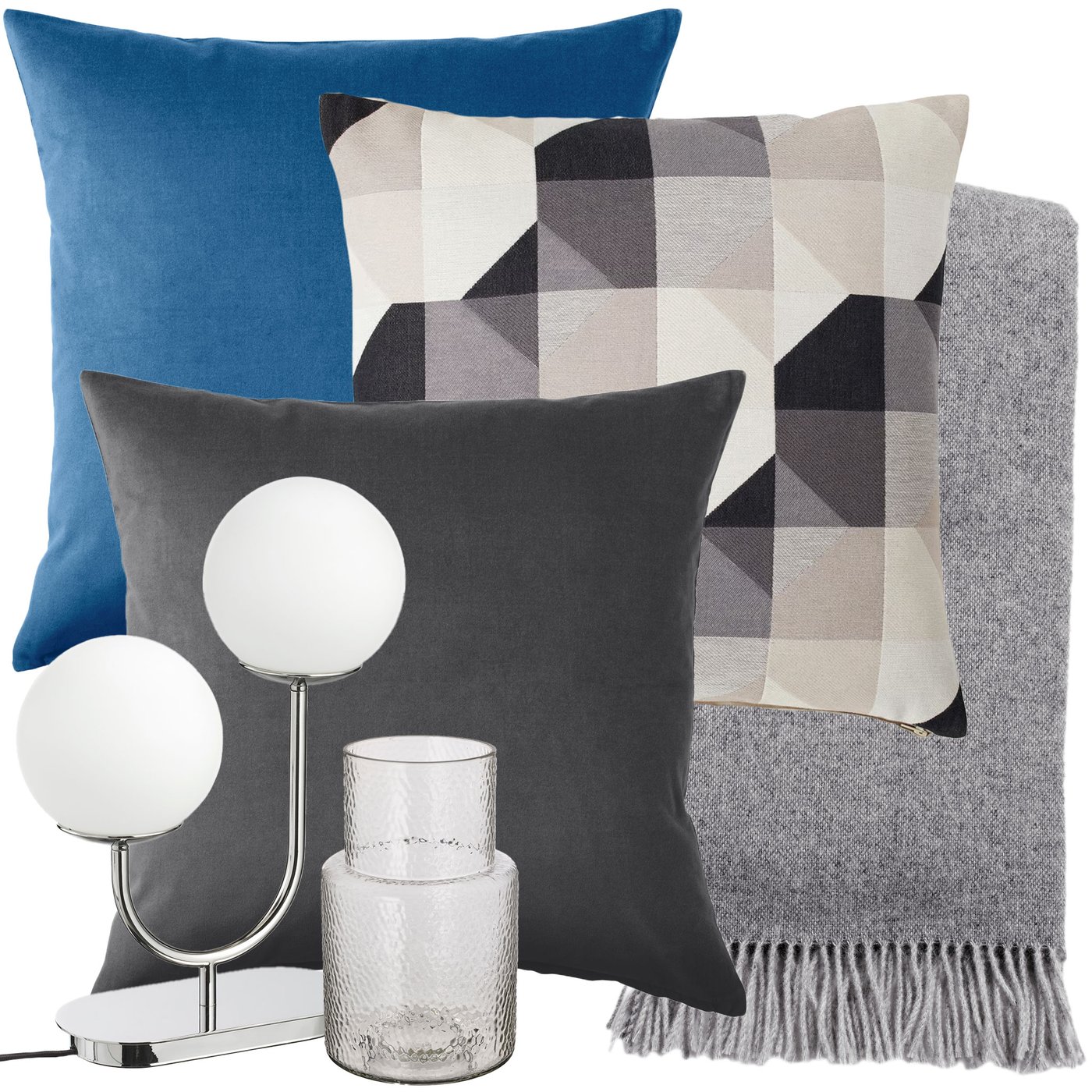 Kollagebild med tre kuddar i grå- och blåskala, en grå filt, en lampa i krom och en glasvas. 