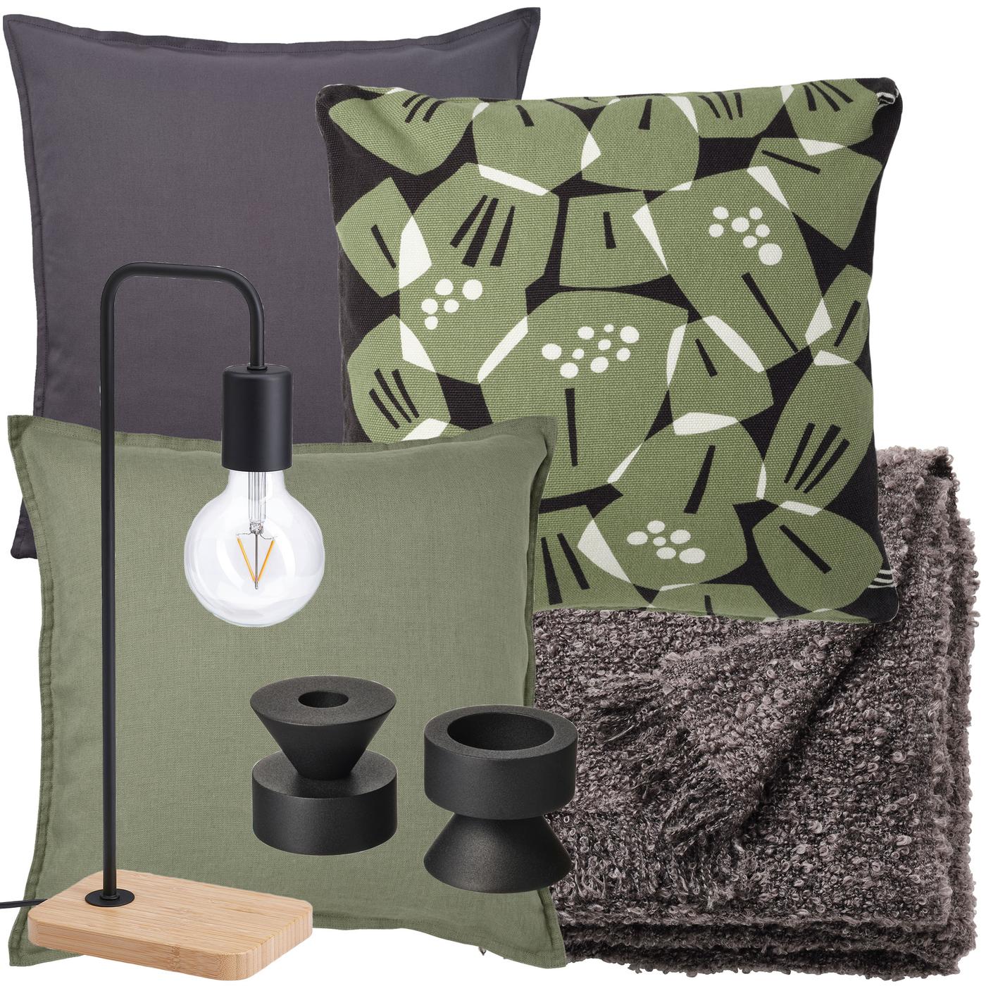 Kollagebild med tre kuddar i mörkgrå och mörkgrön förgskala, en mörkgrå filt, en svart bordslampa och svarta ljusstakar. 