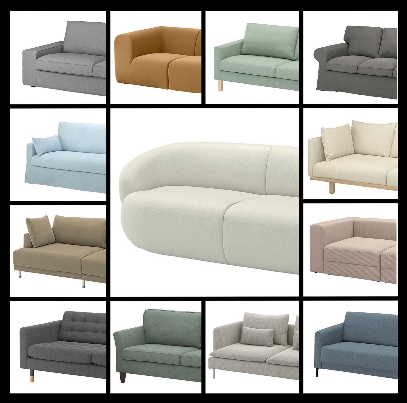 Kollagebild med vit bakgrund och svart rutmönster med en soffa i varje ruta. 