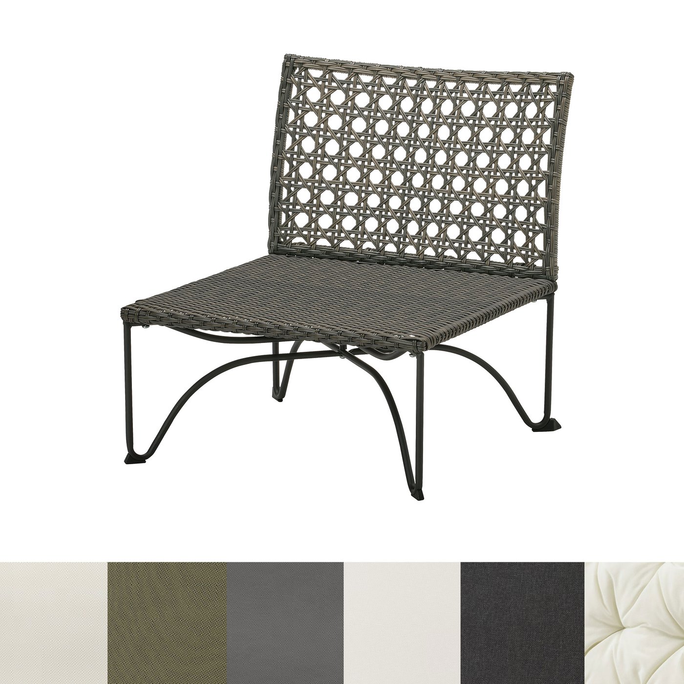 Kollagebild på en JUTHOLMEN sittsektion och färgprover som visar vilka val av dynor som finns. 