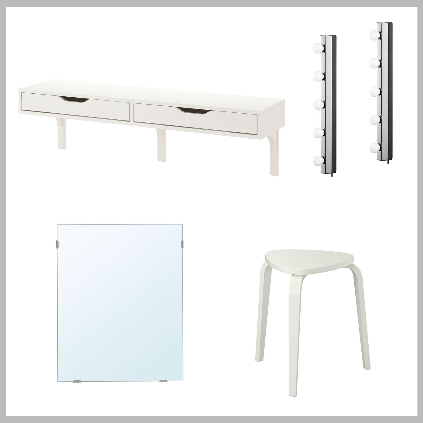 Kollagebild på sminkbordspaket med vägghängt sminkbord, vit pall, rektangulär spegel och två sminklampor. 