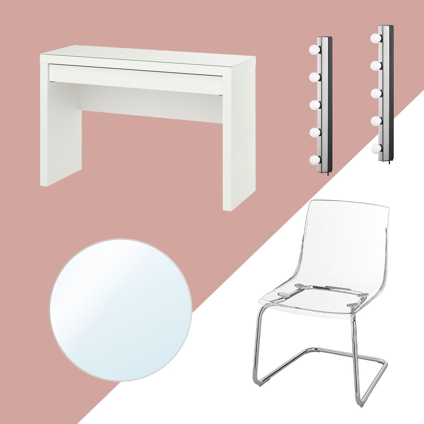 Kollagebild på sminkbordspaket med vitt sminkbord med 1 låda, transparent stol, rund spegel och två sminklampor. 